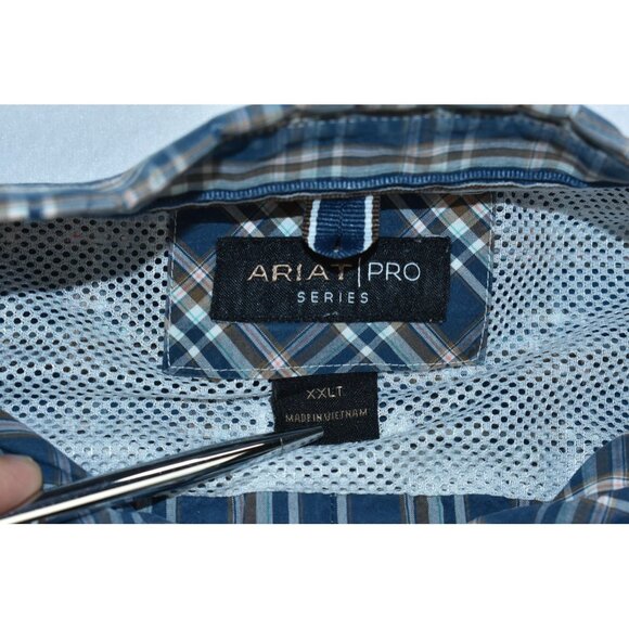 Ariat Pro Series Men's Shirt Size XXLT Navy Blue Plaid Short Sleeve Button Up - Picture 8 of 14